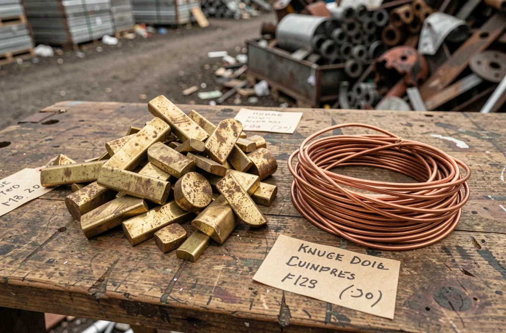 Ferraille en laiton et fils de cuivre avec étiquettes de prix sur un établi de récupération métallique