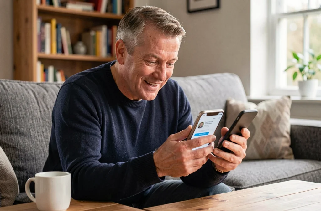 Homme vérifiant la réception d'un virement FDJ sur son application bancaire mobile depuis son salon