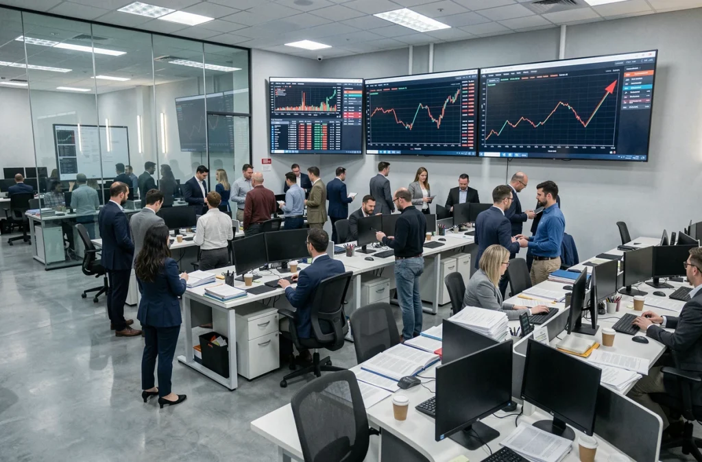 Salle de trading en effervescence avec des graphiques de chute de Solana affichés sur grands écrans