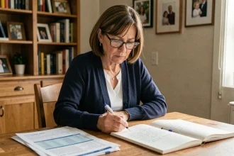 Femme d'âge mûr examinant des documents administratifs liés à la tutelle familiale à une table de cuisine