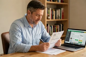 Homme examinant un document de virement bancaire FDJ à son bureau à domicile