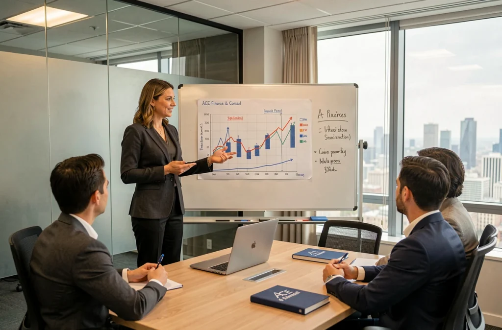 Conseillère financière d'ACE Finance & Conseil présentant un bilan patrimonial à des clients en salle de réunion