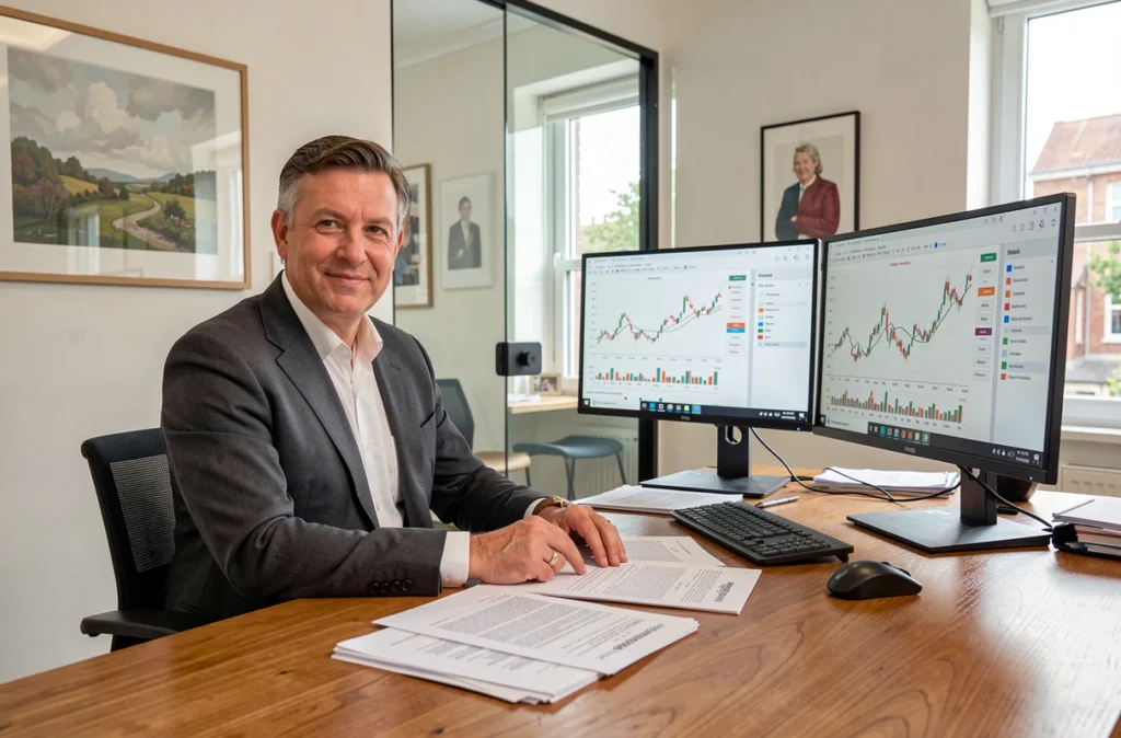 Conseiller d'Alevia Patrimoine analysant des dossiers de planification successorale dans un bureau contemporain