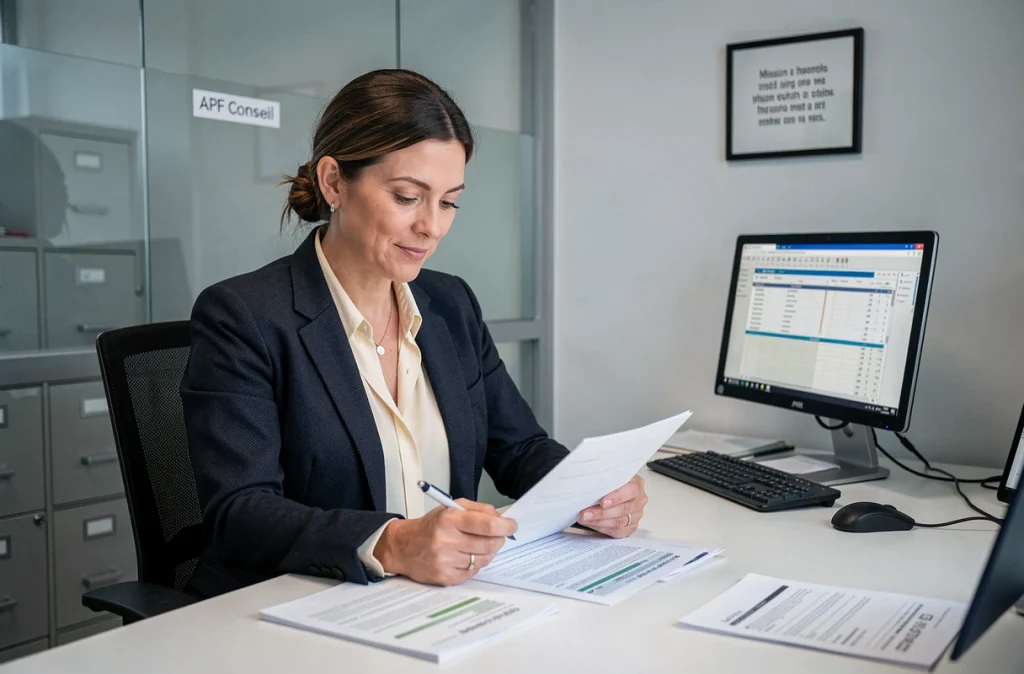 Conseillère d'APF Conseil analysant des documents fiscaux patrimoniaux à son bureau