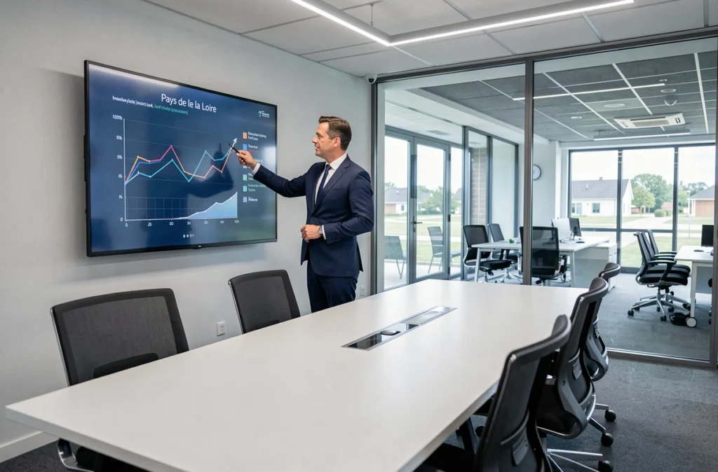 Conseiller d'Apollux Patrimoine présentant des performances d'investissement à un client dans une salle de réunion moderne