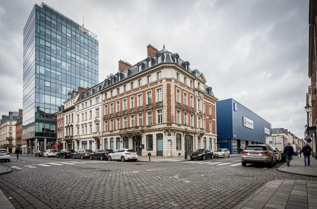 Rangée de bâtiments commerciaux européens diversifiés illustrant les actifs immobiliers d'une SCPI