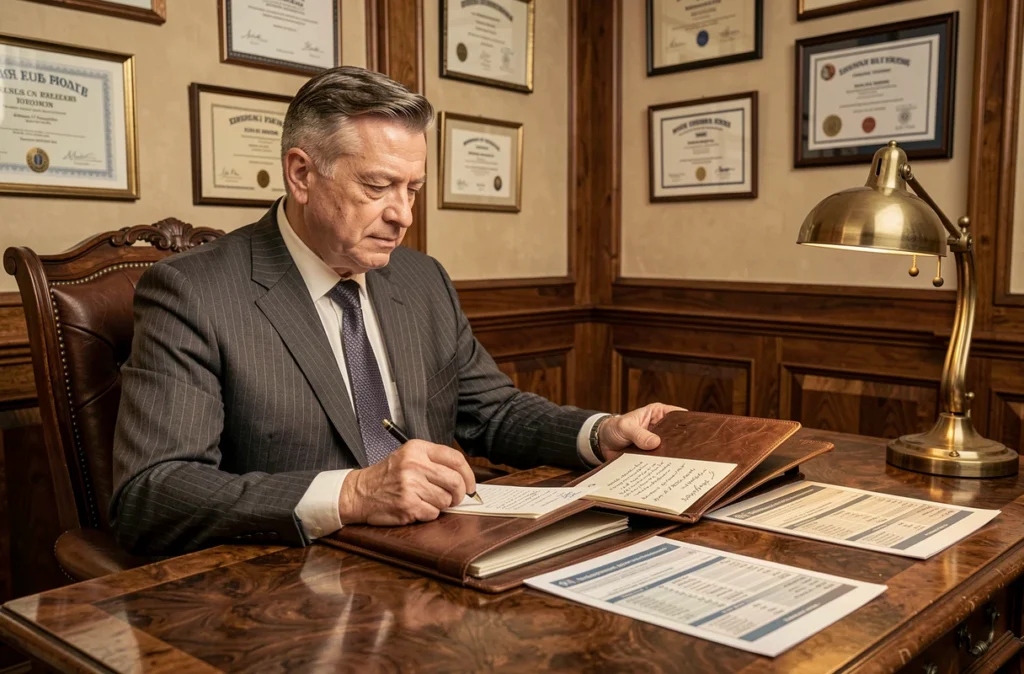 Conseiller du Cabinet Bertrand-Demanes étudiant un dossier patrimonial dans un bureau classique et élégant