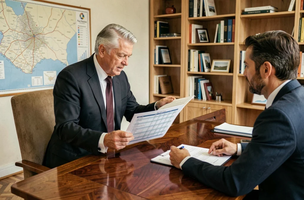 Expert Cafpi Pays de la Loire analysant un tableau d'amortissement avec un chef d'entreprise local