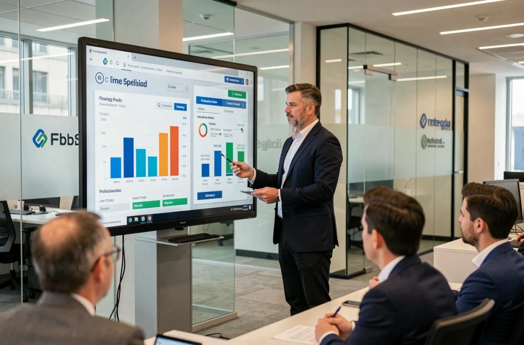 Spécialiste de La Centrale de Financement présentant des comparatifs de crédit professionnel sur un écran interactif