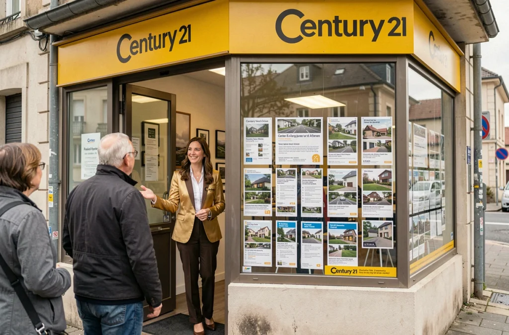 Agente Century 21 accueillant des clients dans une agence du Val-d'Oise spécialisée en investissement locatif