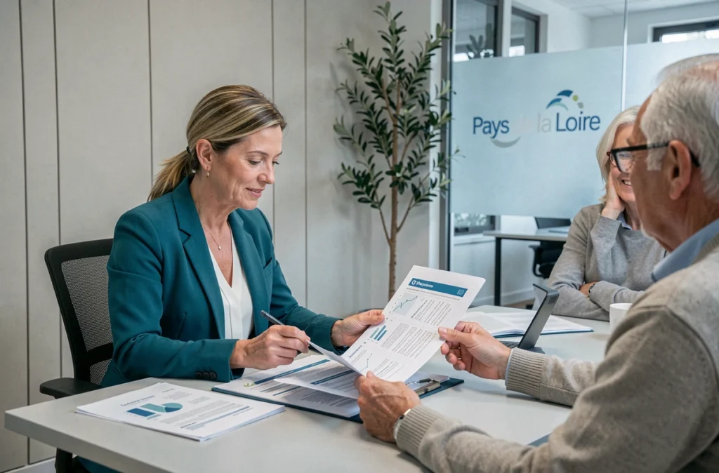 Conseillère de Cimea Patrimoine accompagnant un couple dans l'évaluation de leur bilan patrimonial dans un bureau moderne