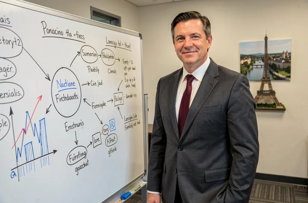Conseiller de Colbert Patrimoine Finance expliquant une stratégie financière devant un tableau blanc dans son bureau