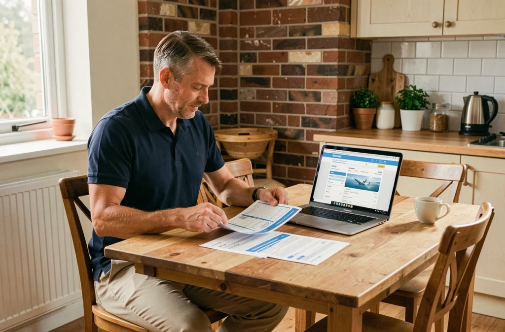 Homme comparant des documents d'assurance voyage à domicile avant de réserver un vol Easyjet