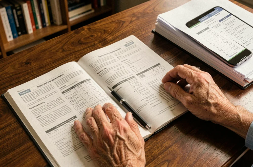 Gros plan sur deux livrets de contrats d'assurance accident ouverts sur un bureau en bois avec un stylo et un smartphone affichant un comparatif