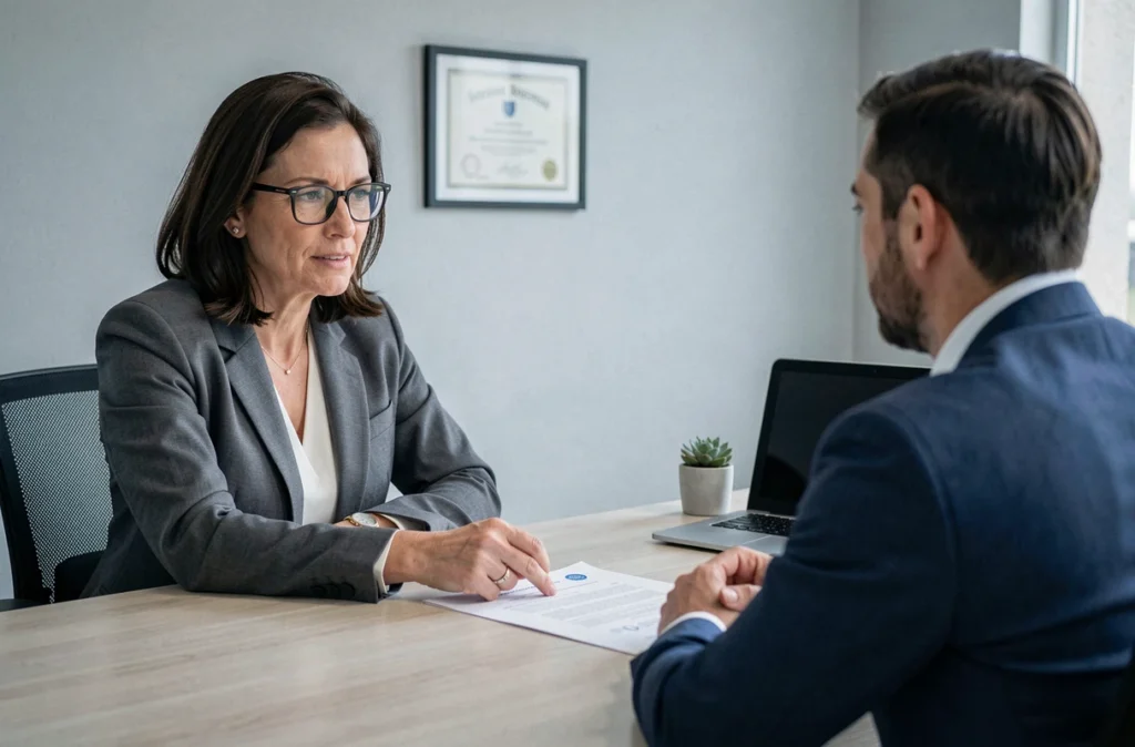 Femme en réunion avec un conseiller en assurance discutant du cumul de garanties accident de la vie dans un bureau moderne