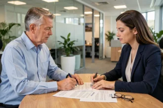 Un homme et une conseillère bancaire examinent ensemble un contrat d'assurance prêt immobilier dans une agence moderne