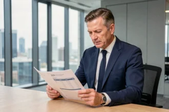 Conseiller financier analysant des documents SCPI dans un bureau moderne avec vue sur la ville