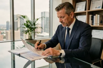 Conseiller financier analysant des documents de démembrement de SCPI dans un bureau moderne