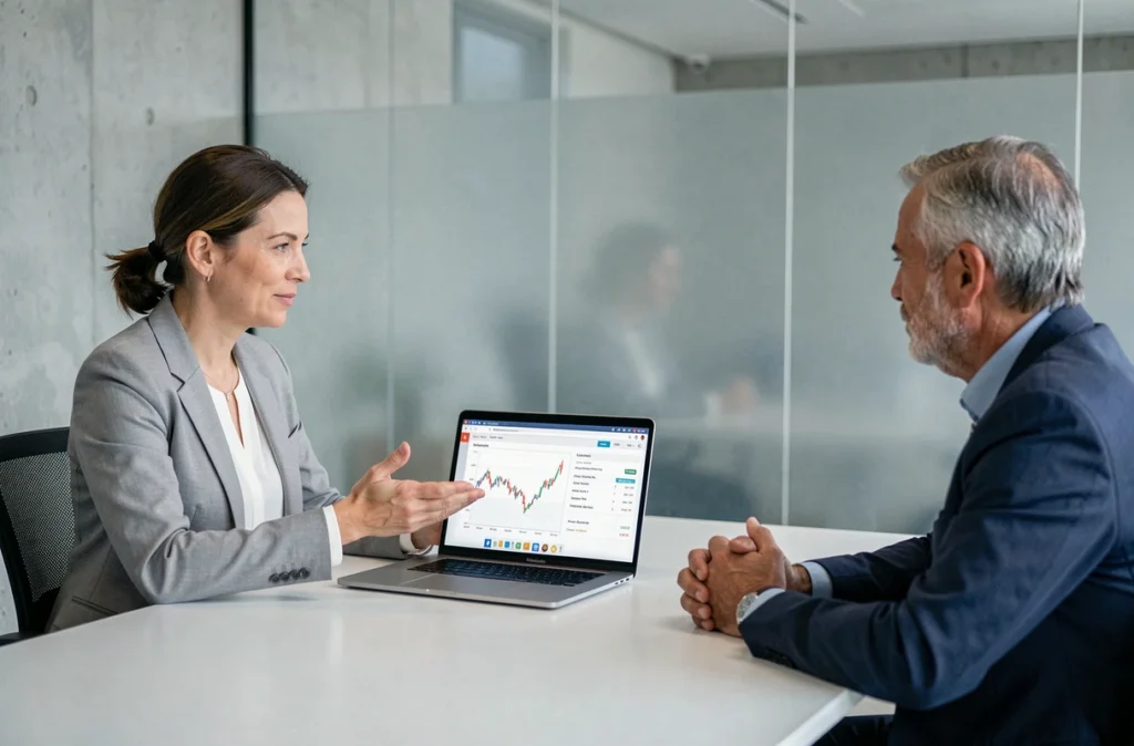 Conseillère financière présentant l'évolution des performances d'une SCPI à son client lors d'une réunion professionnelle
