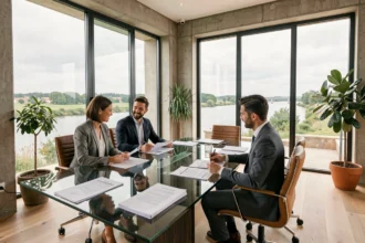 Conseillers en crédit professionnel dans les Pays de la Loire réunis autour d'une table de réunion avec des documents de financement