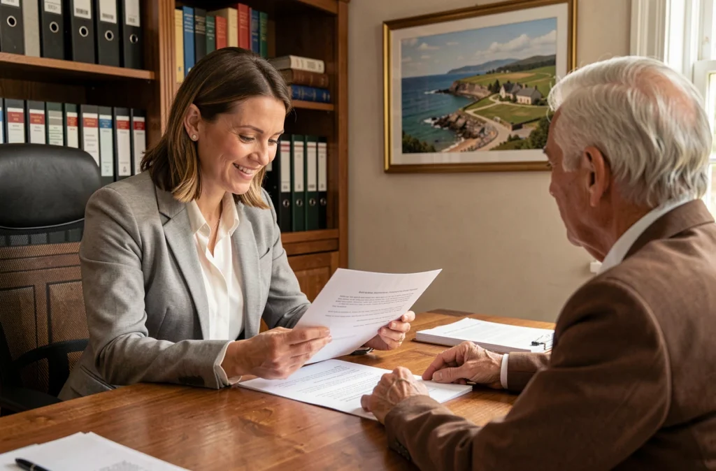 Conseillère de Cosquer Patrimoine accompagnant un couple dans la gestion de leur patrimoine dans un bureau chaleureux