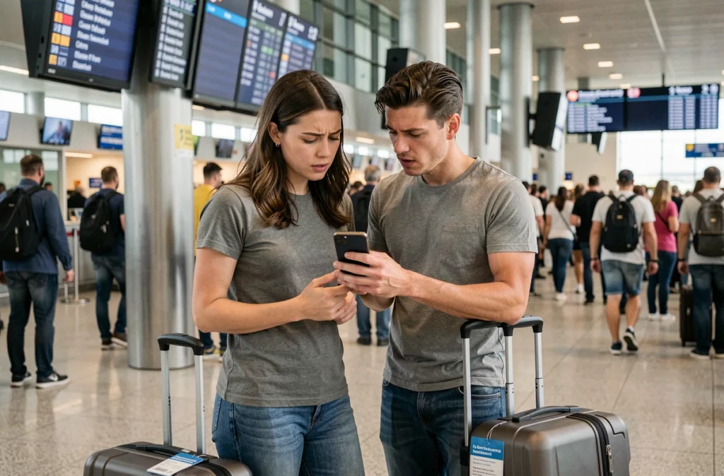 Couple examinant leur assurance voyage Easyjet sur smartphone dans un hall de départ d'aéroport