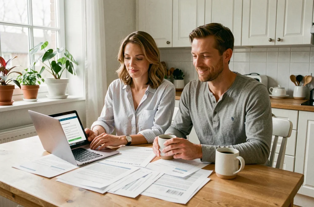 Un couple compare des formules d'assurance emprunteur sur un ordinateur portable à la maison