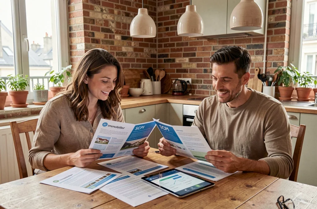 Couple comparant les avantages de la SCPI par rapport à l'immobilier classique à leur domicile