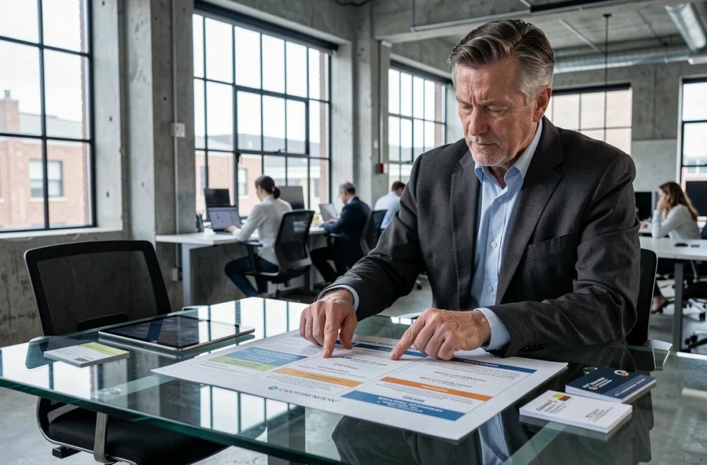 Un courtier en assurance présente un tableau comparatif de formules d'assurance emprunteur