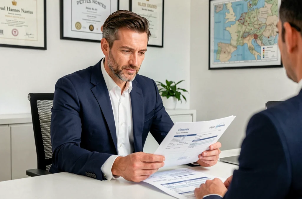 Conseiller de CrediPro Pays de la Loire examinant un dossier de prêt professionnel avec un entrepreneur