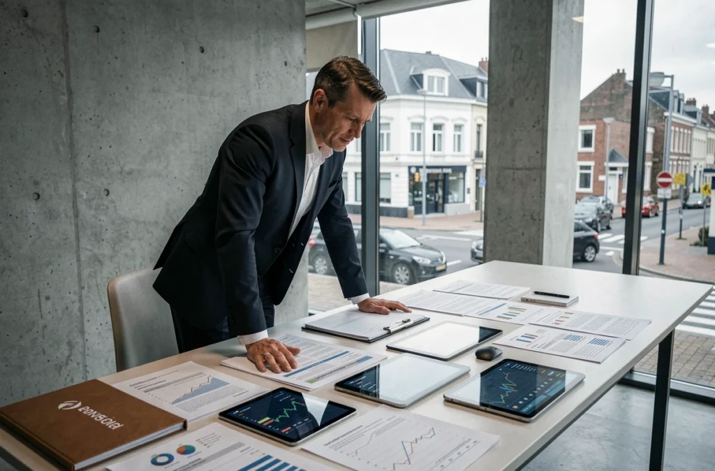 Conseiller de DBI Patrimoine analysant des tableaux de bord d'investissement dans un bureau moderne et épuré