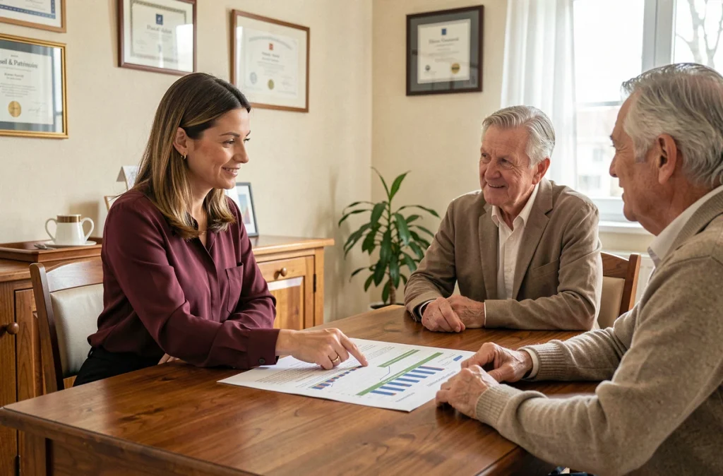 Consultante de Diem Conseil & Patrimoine en entretien patrimonial avec un couple dans un bureau chaleureux