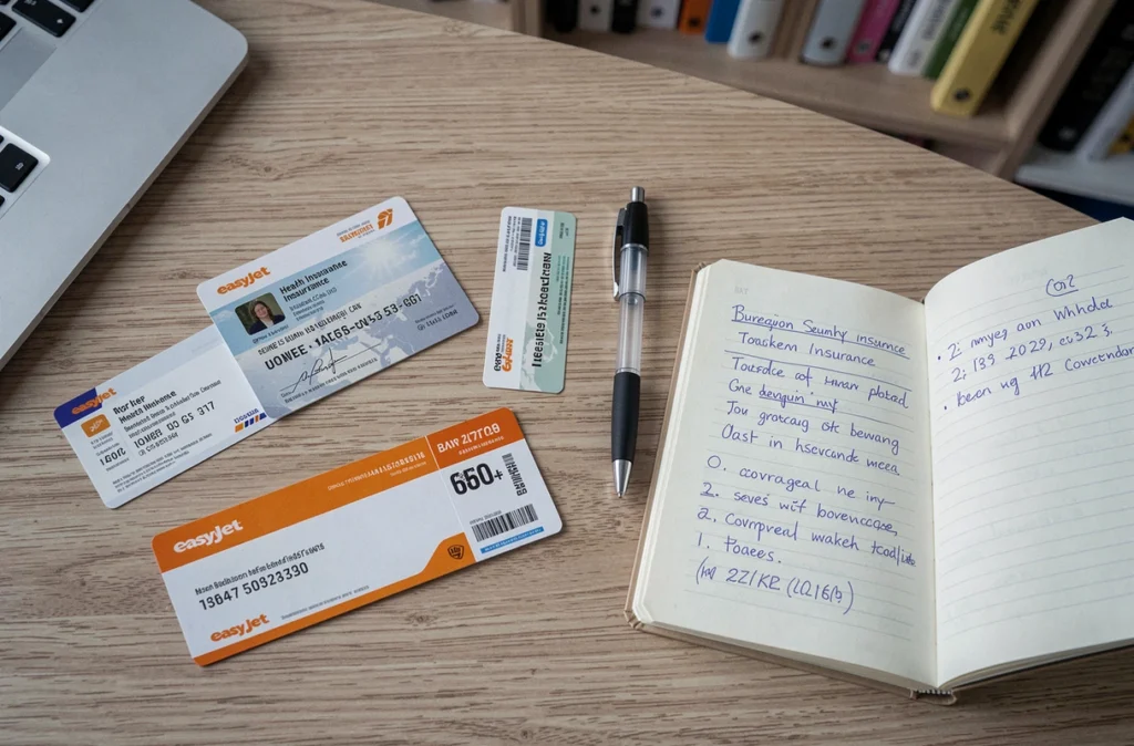 Documents d'assurance voyage et carte européenne d'assurance maladie posés sur un bureau avant un vol Easyjet