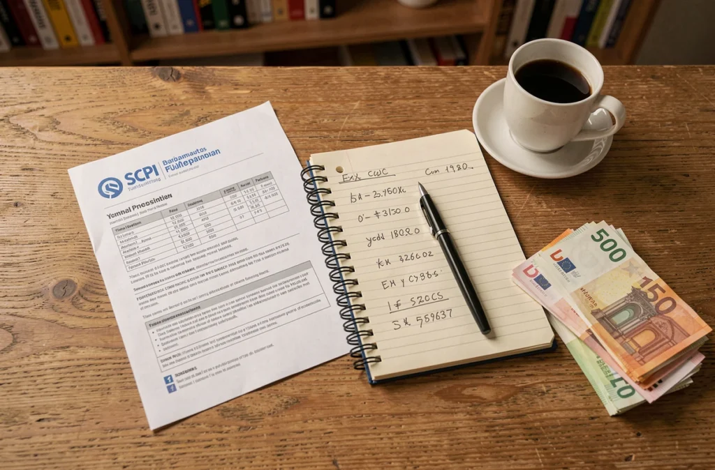 Documents de planification financière et calculs de rendement SCPI posés sur un bureau en bois