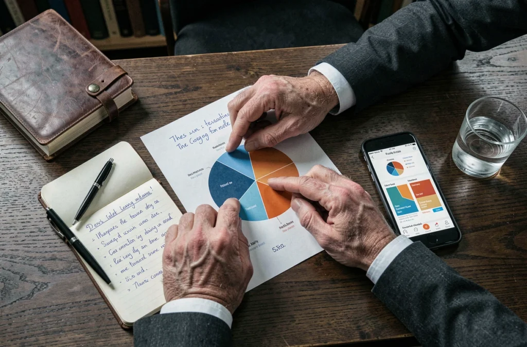 Vue aérienne de documents financiers et graphiques relatifs au démembrement de parts de SCPI