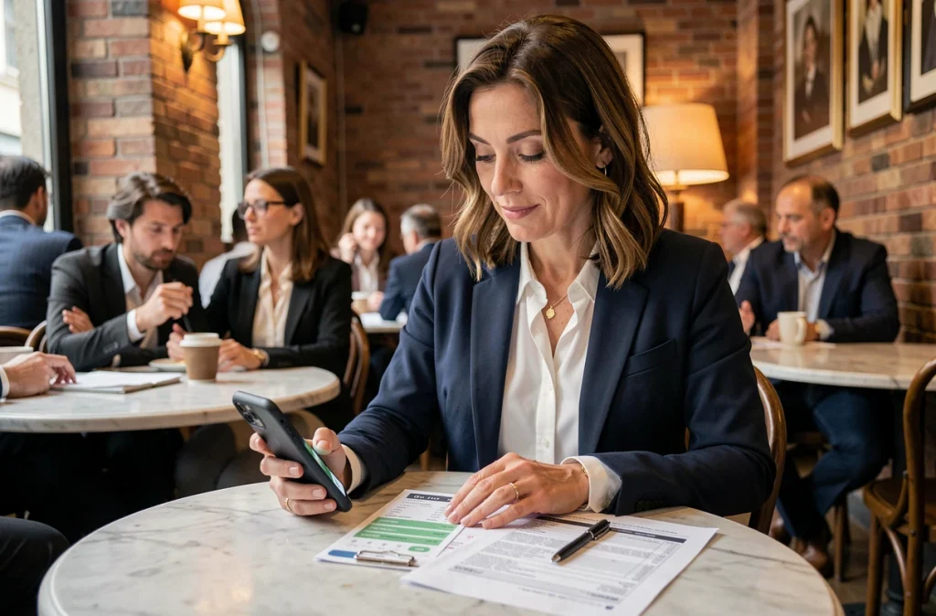 Expatriée française consultant ses comptes Trade Republic et formulaires fiscaux dans un café à l'étranger