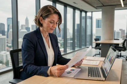 Femme professionnelle analysant des documents financiers liés aux investissements en SCPI dans un bureau moderne