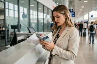 Femme consultant son assurance voyage sur smartphone à un comptoir d'aéroport avant un vol Easyjet