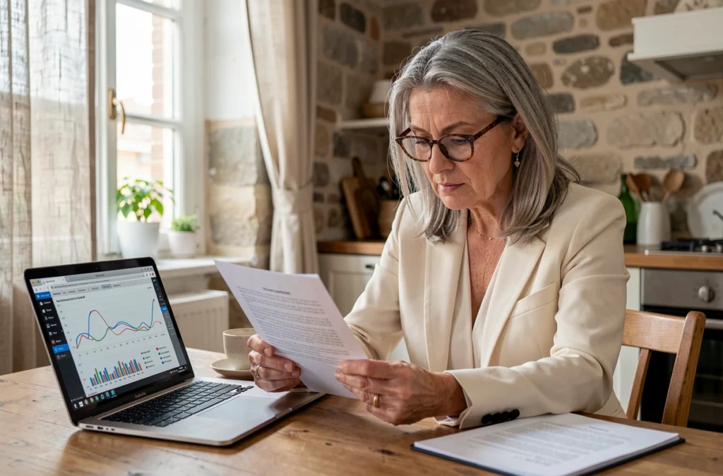 Femme investisseur lisant un contrat de SCPI en démembrement à son domicile