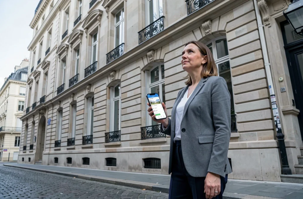 Une femme investisseur évalue un immeuble résidentiel dans le cadre d'un placement en SCPI
