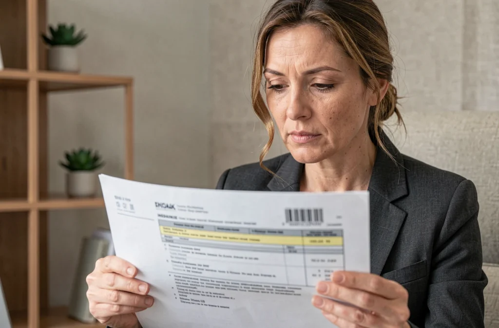 Une femme lit attentivement les clauses d'un contrat d'assurance prêt immobilier