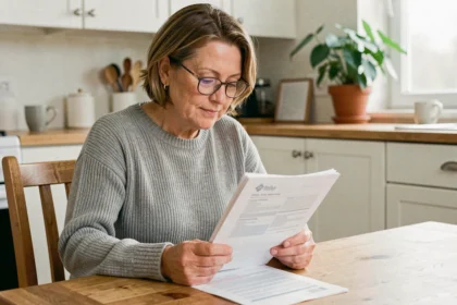 Femme consultant des documents de mutuelle santé à la table de sa cuisine