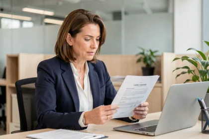 Femme professionnelle consultant un contrat d'assurance responsabilité civile dans un bureau moderne