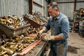 Ferrailleur triant des pièces en laiton dans un entrepôt de récupération métallique