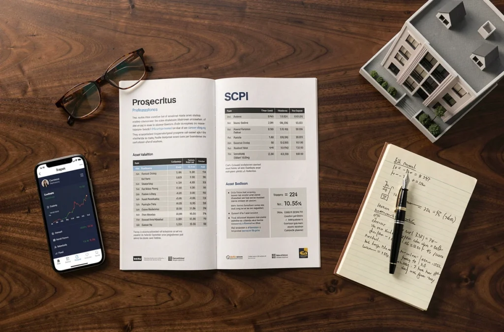Vue aérienne d'un bureau d'investisseur avec prospectus SCPI, calculs et modèle immobilier miniature