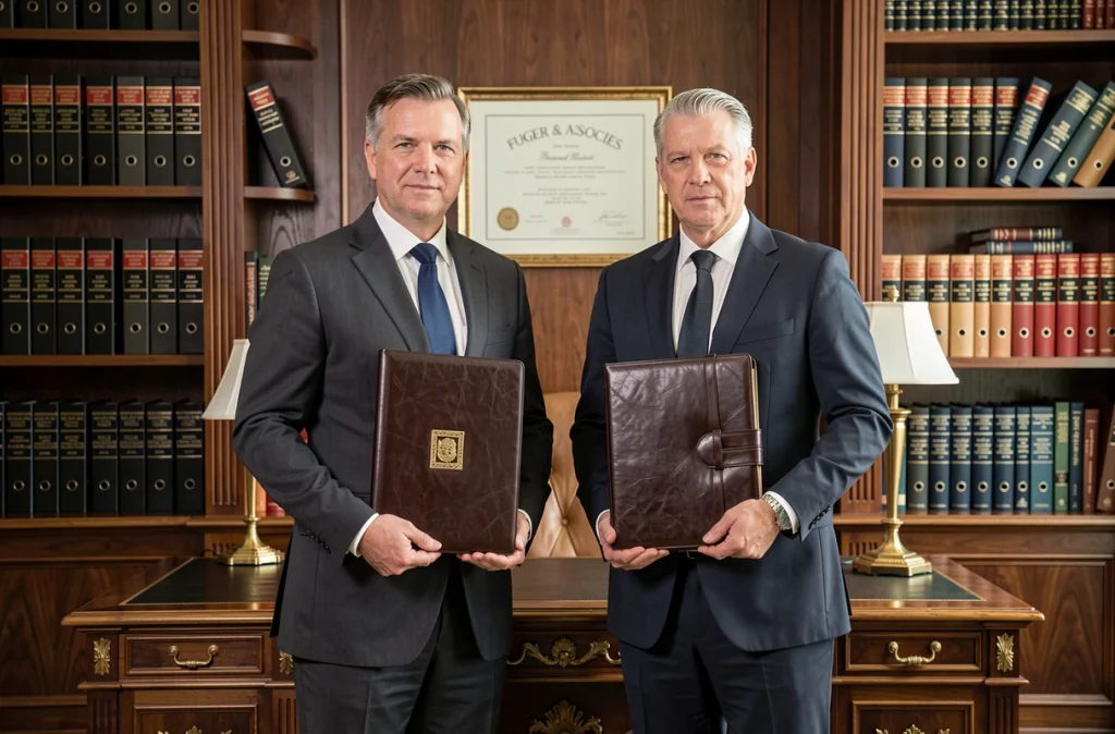 Deux associés de FUGER & ASSOCIES en costume sombre devant une bibliothèque de droit patrimonial