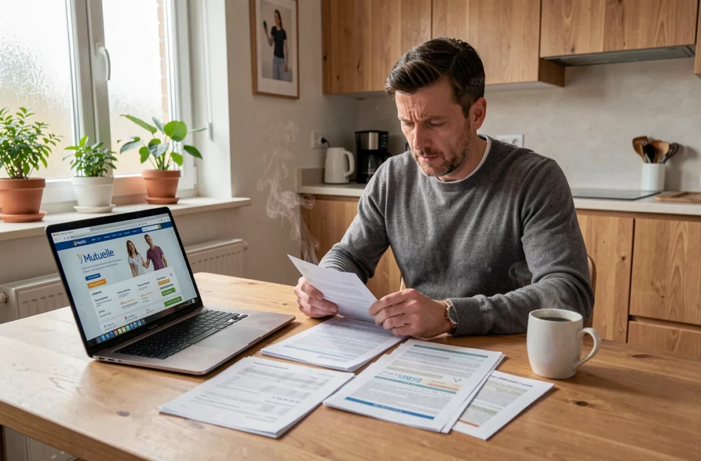 Homme consultant les documents de sa mutuelle dentaire pour comprendre le remboursement des implants