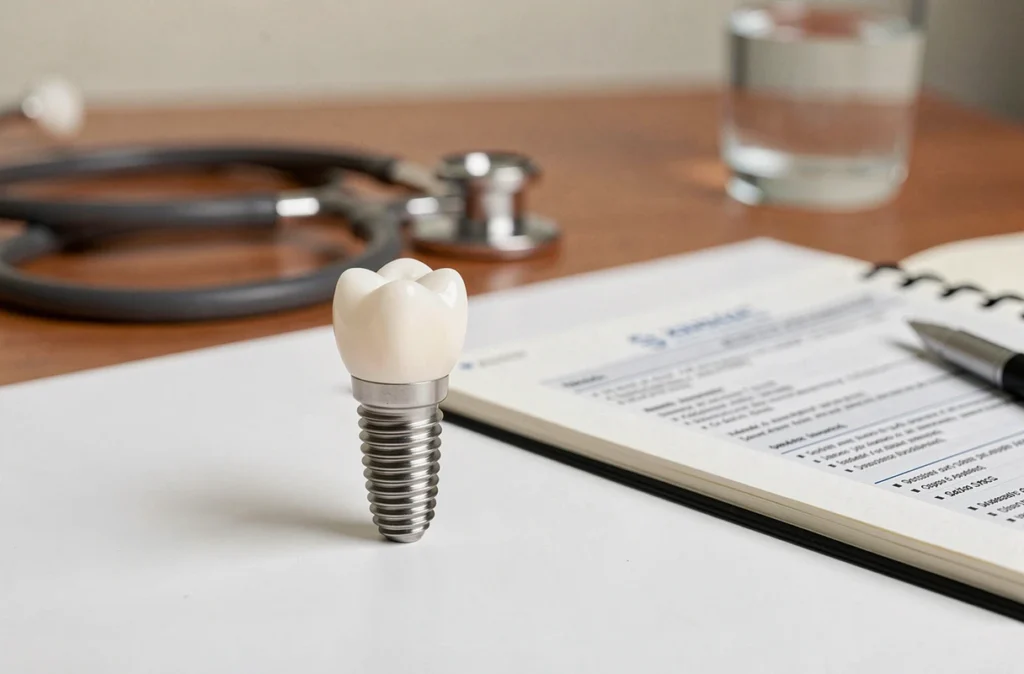 Modèle d'implant dentaire posé sur un livret d'assurance mutuelle dans un cabinet dentaire