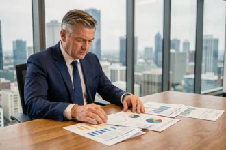 Investisseur immobilier analysant des documents financiers liés aux SCPI dans un bureau moderne avec vue sur la ville