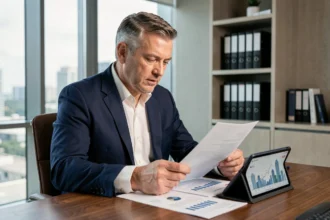 Un investisseur examine des documents financiers liés au rendement des SCPI dans un bureau bancaire moderne